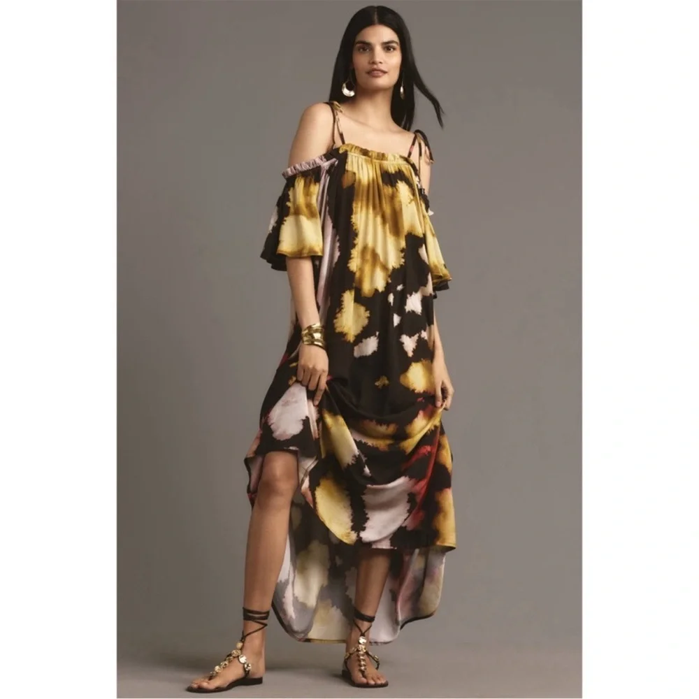 ANTHROPOLOGIE • Conditions Apply Printed TieStrap Kattan Maxi Beach Hawaii Dress - Picture 3 of 7
